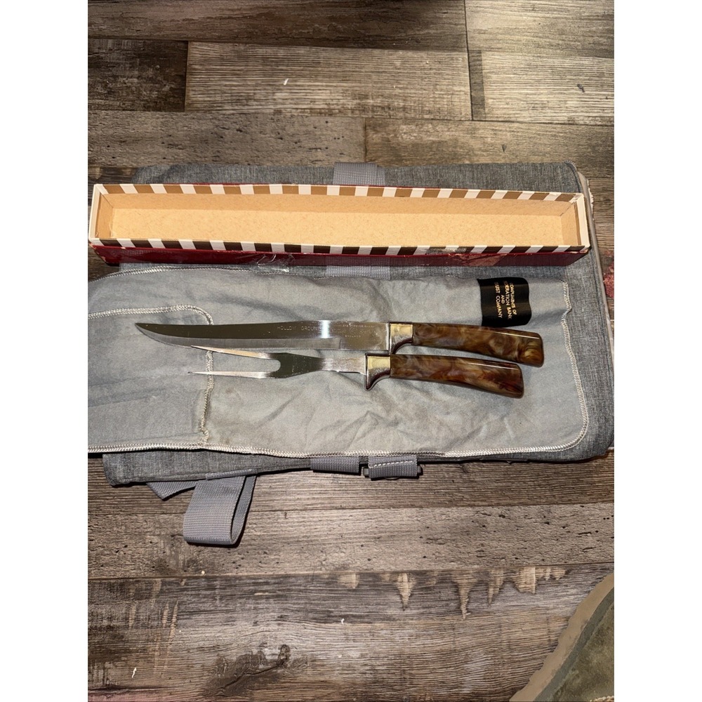 Meat Carving Set - Hollow Ground Stainless Steel Box Knife Fork Forever Sharp IB